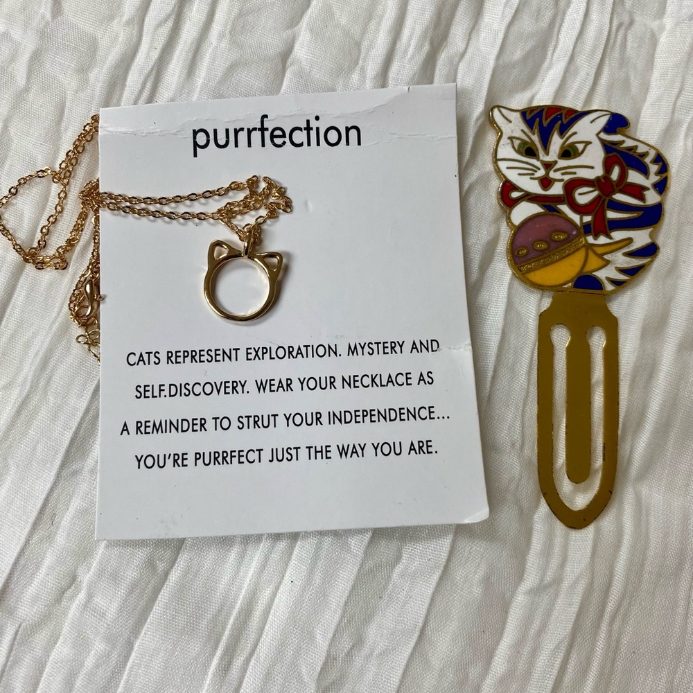Gold Cat Necklace and Cloisonne Cat Bookmark